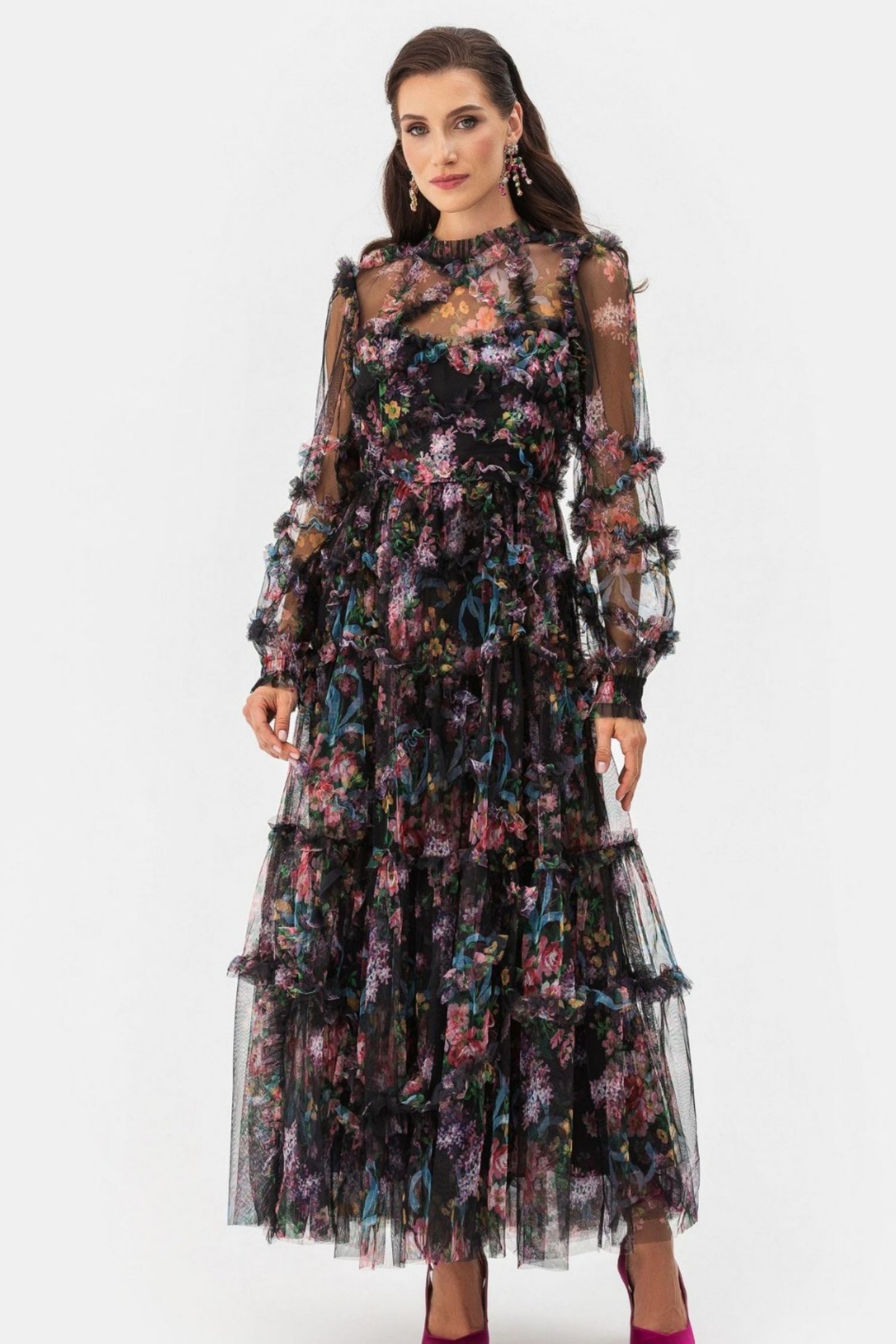 Oakleigh Floral Long Sleeve Mesh Maxi Dress - Black Main image