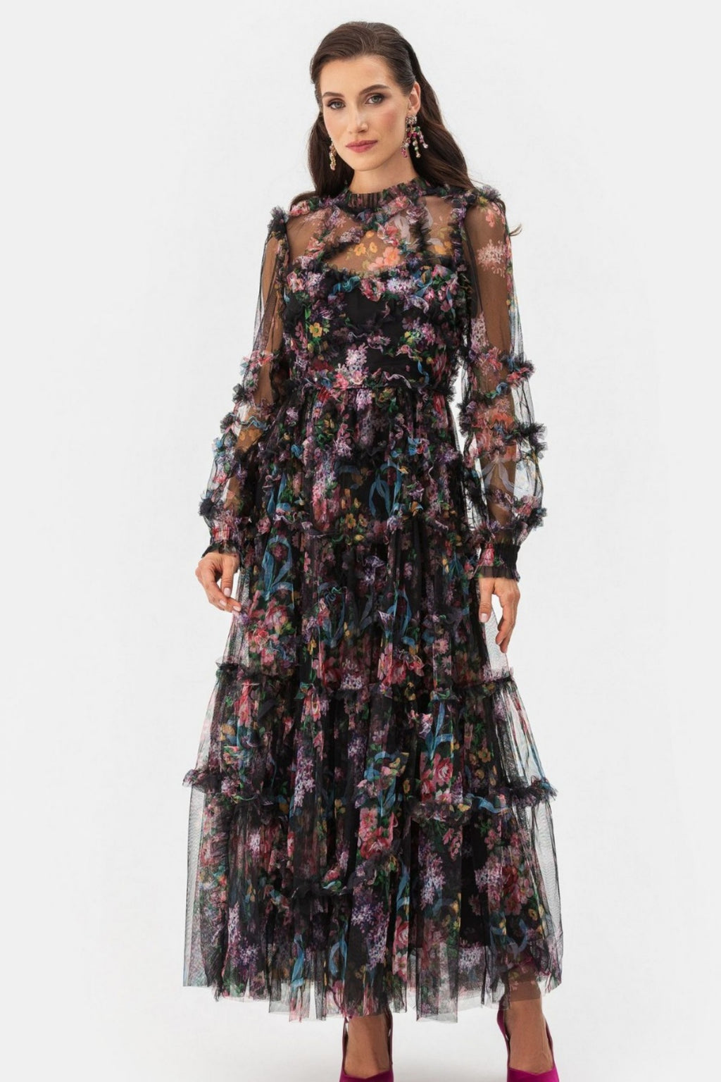 Oakleigh Floral Long Sleeve Mesh Maxi Dress - Black