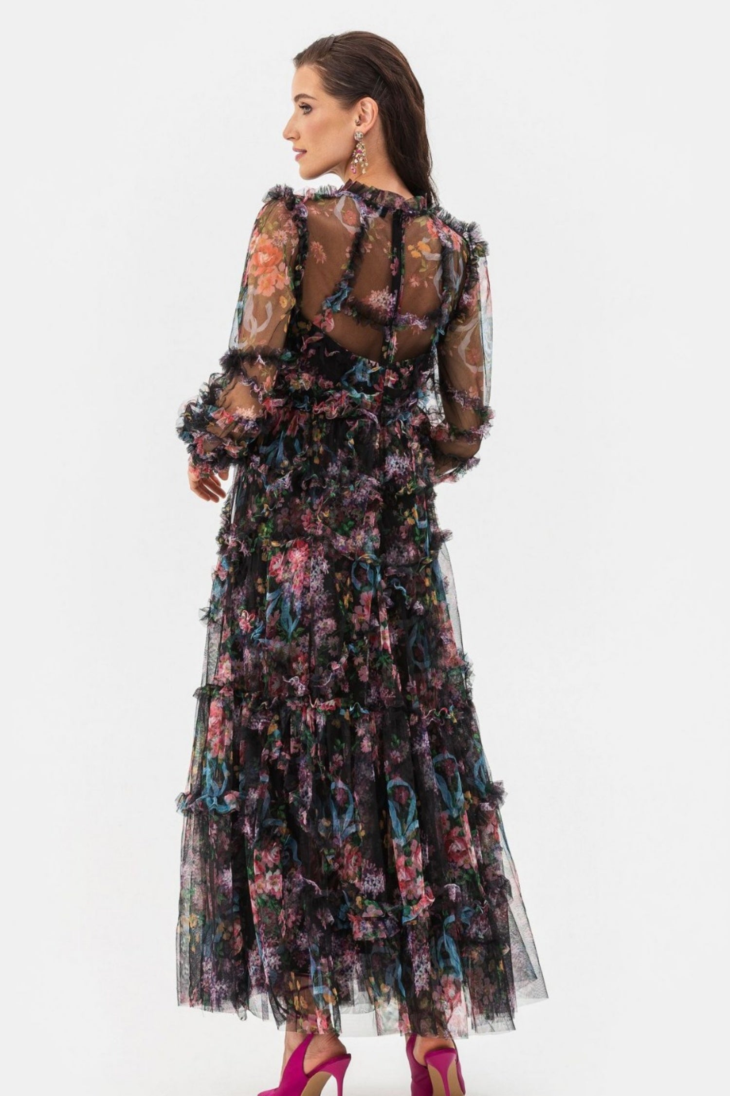 Oakleigh Floral Long Sleeve Mesh Maxi Dress - Black Secondary image