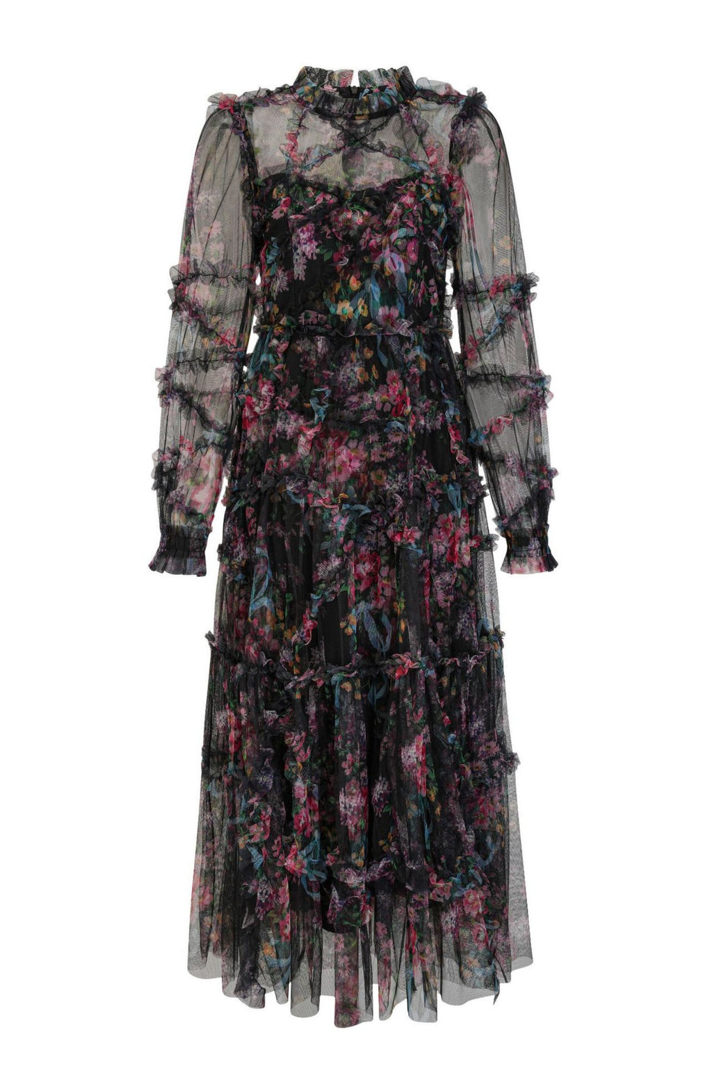 Oakleigh Floral Long Sleeve Mesh Maxi Dress - Black