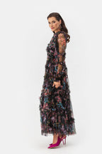 Oakleigh Floral Long Sleeve Mesh Maxi Dress - Black