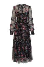 Oakleigh Floral Long Sleeve Mesh Maxi Dress - Black