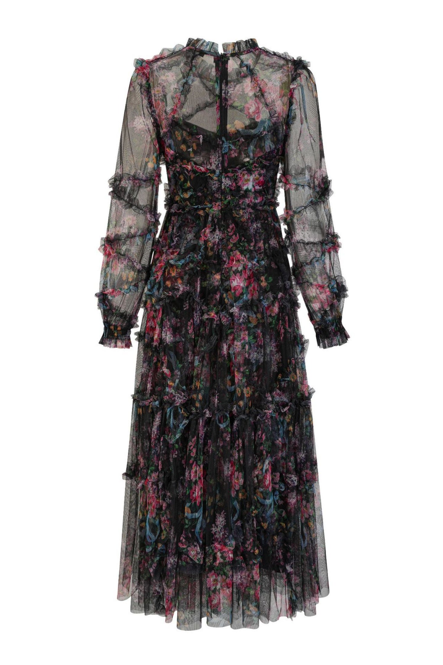 Oakleigh Floral Long Sleeve Mesh Maxi Dress - Black