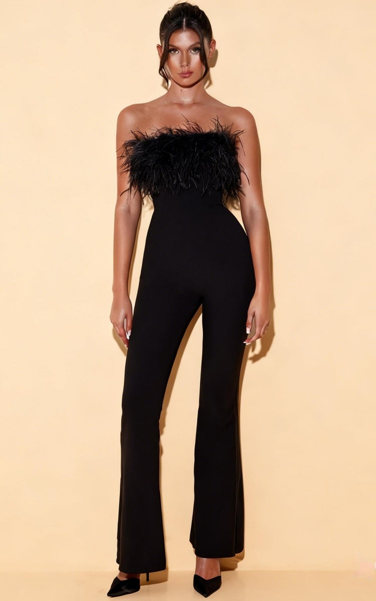 Odessa Black Ostrich Feather Bandage Jumpsuit