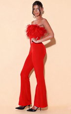 Odessa Red Ostrich Feather Bandage Jumpsuit