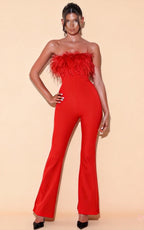 Odessa Red Ostrich Feather Bandage Jumpsuit