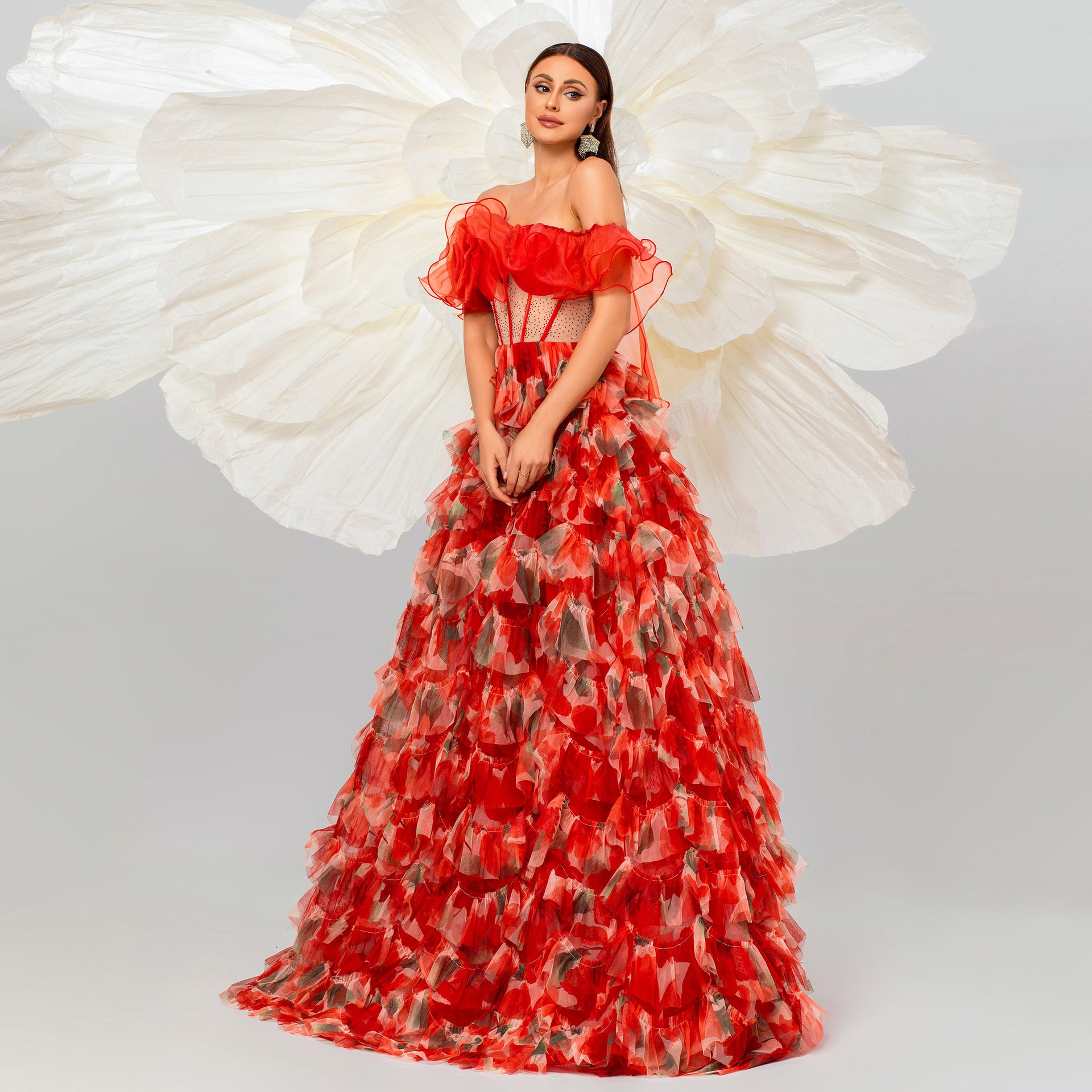 Yola Off-shoulder Floral Mesh Maxi Dress In Red