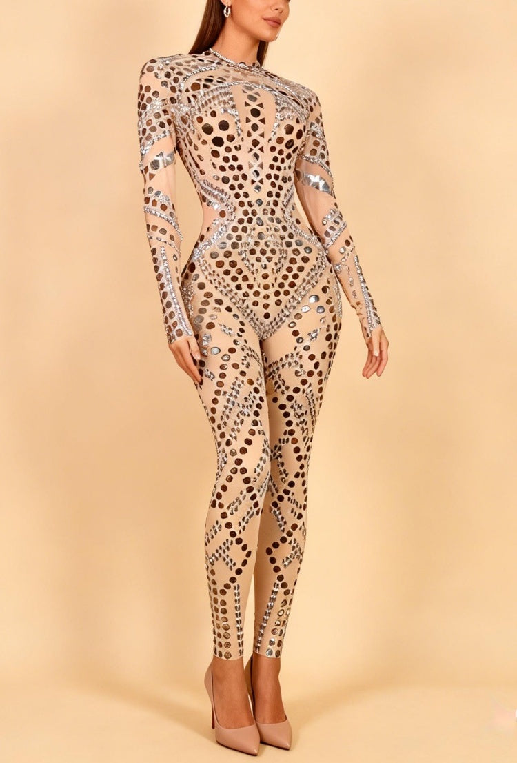 Olwen Silver Sequin Mesh Jumpsuit