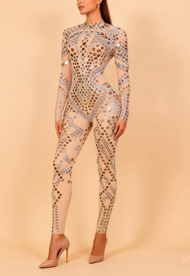 Olwen Silver Sequin Mesh Jumpsuit