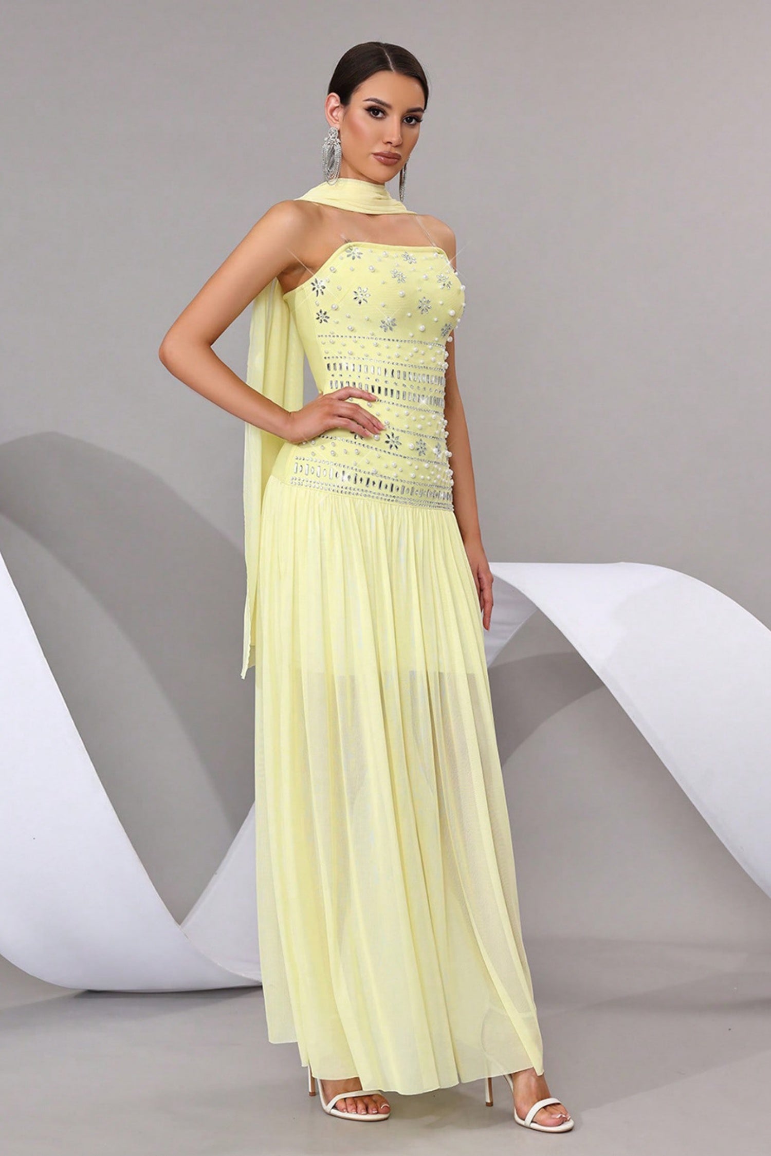 Opal Yellow Rhinestone Pearl Bandage Evening Dress
