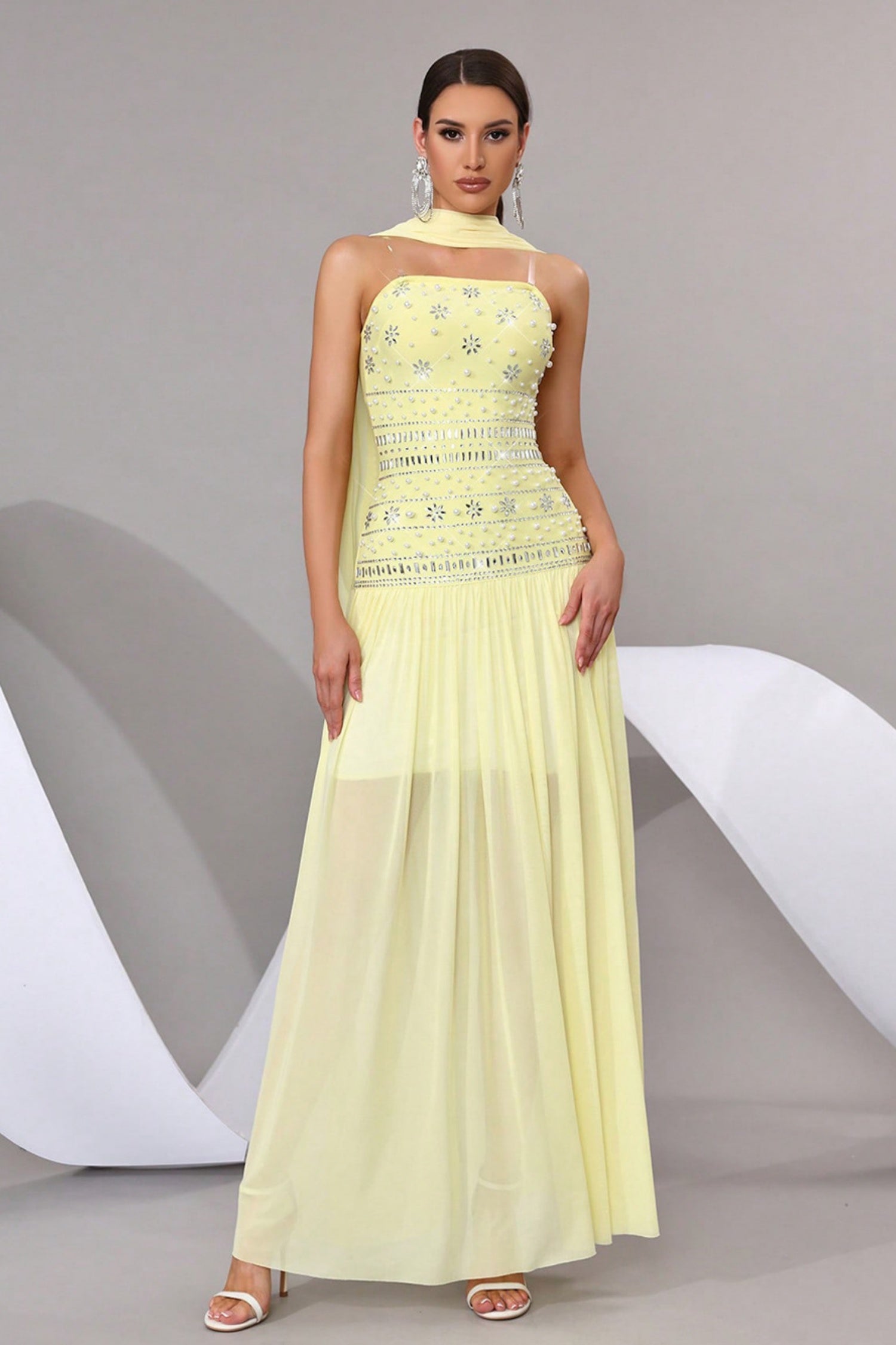 Opal Yellow Rhinestone Pearl Bandage Evening Dress Main image