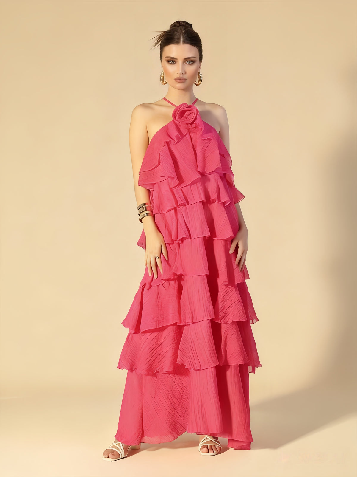 Ophelia Fuchsia Halter Chiffon Maxi Dress