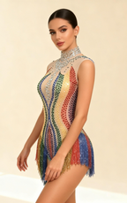 Paloma Colorful Rhinestone Tassel Sheer Romper