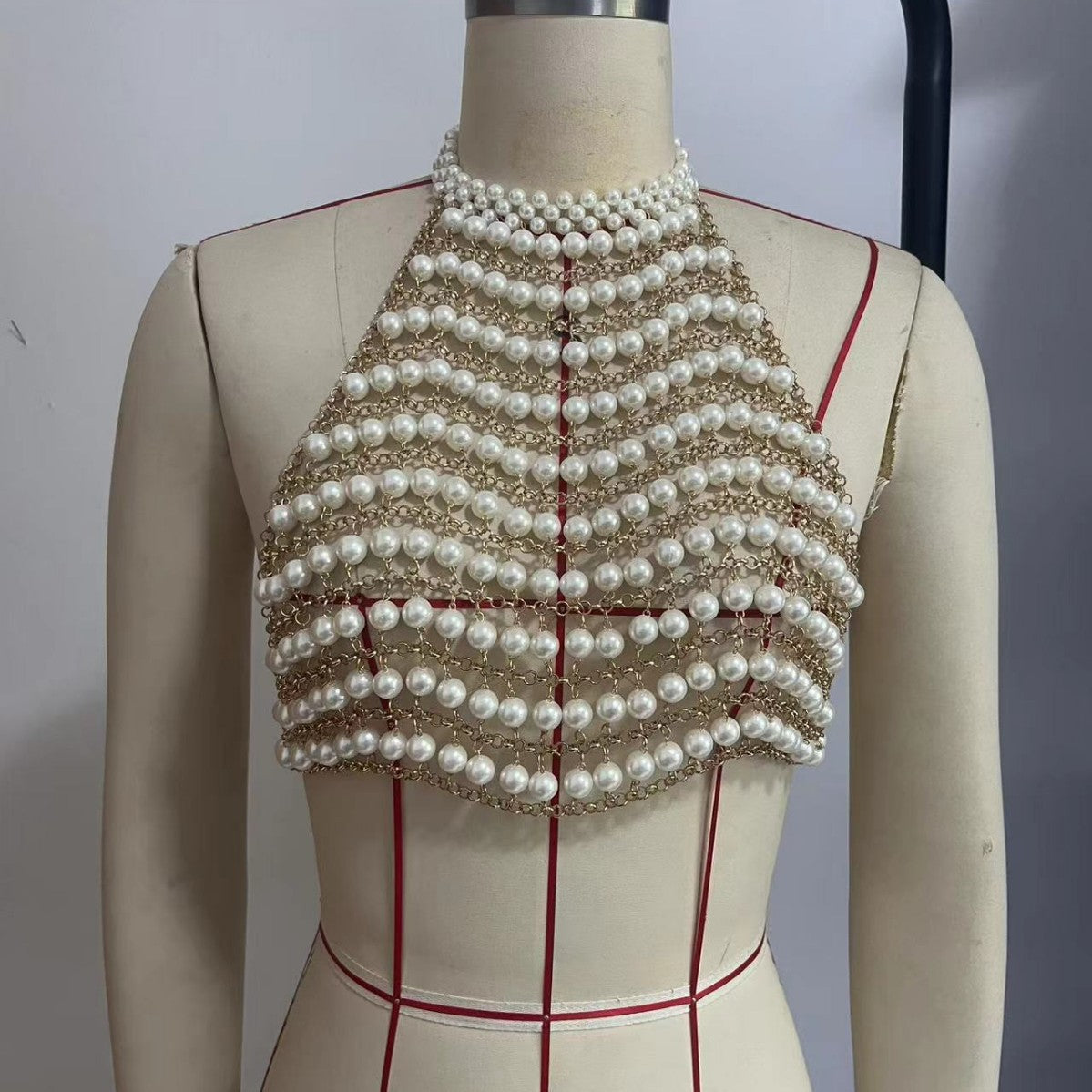 Leo Pearl Chain Halter Neck Strapless Top In White Secondary image