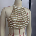 Leo Pearl Chain Halter Neck Strapless Top In White