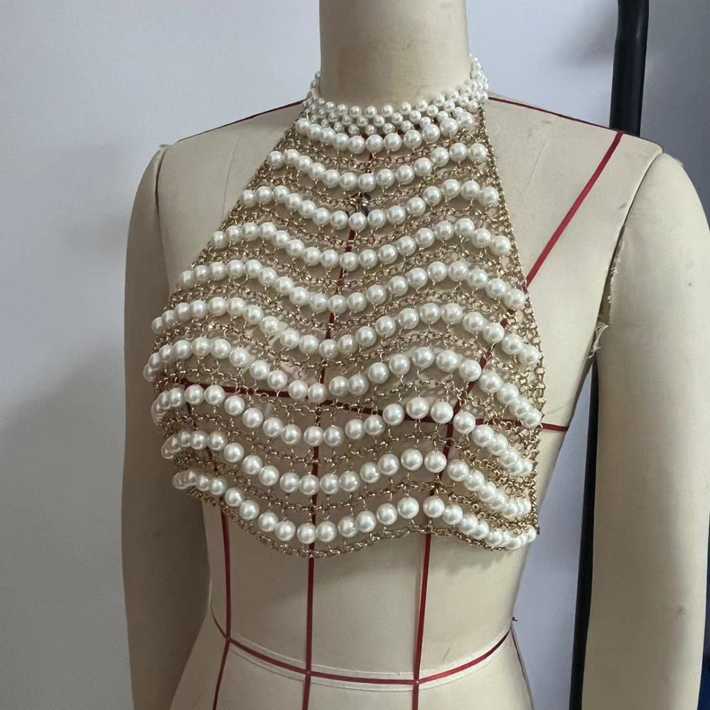 Leo Pearl Chain Halter Neck Strapless Top In White