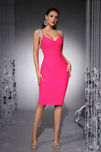 Penelope Fuchsia Rhinestone Chain Fringe Bandage Midi Dress