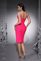 Penelope Fuchsia Rhinestone Chain Fringe Bandage Midi Dress