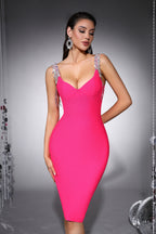 Penelope Fuchsia Rhinestone Chain Fringe Bandage Midi Dress
