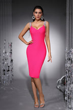 Penelope Fuchsia Rhinestone Chain Fringe Bandage Midi Dress