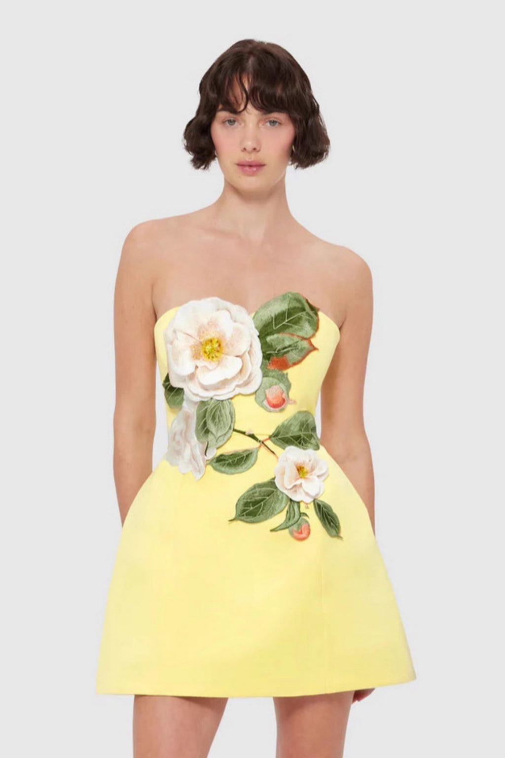 Quinn Yellow Strapless Floral Embroidered Mini Dress