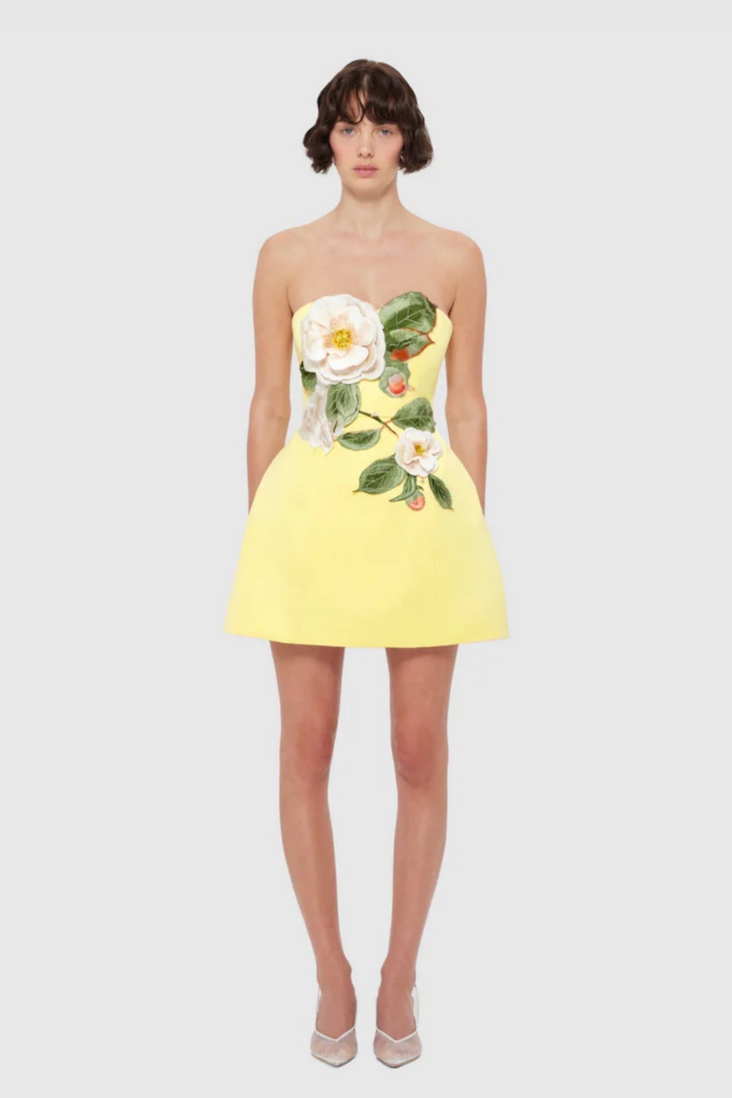 Quinn Yellow Strapless Floral Embroidered Mini Dress