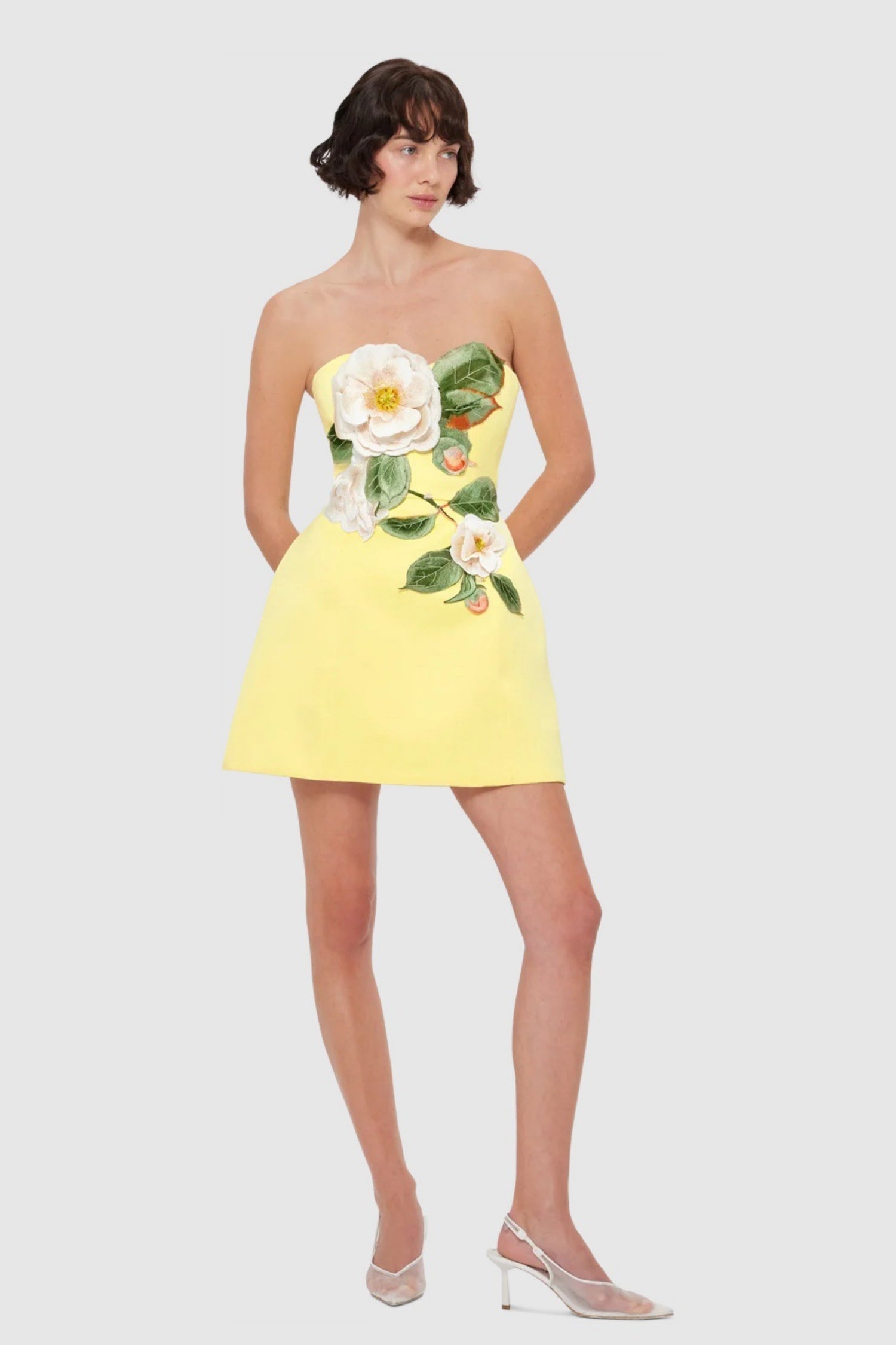 Quinn Yellow Strapless Floral Embroidered Mini Dress