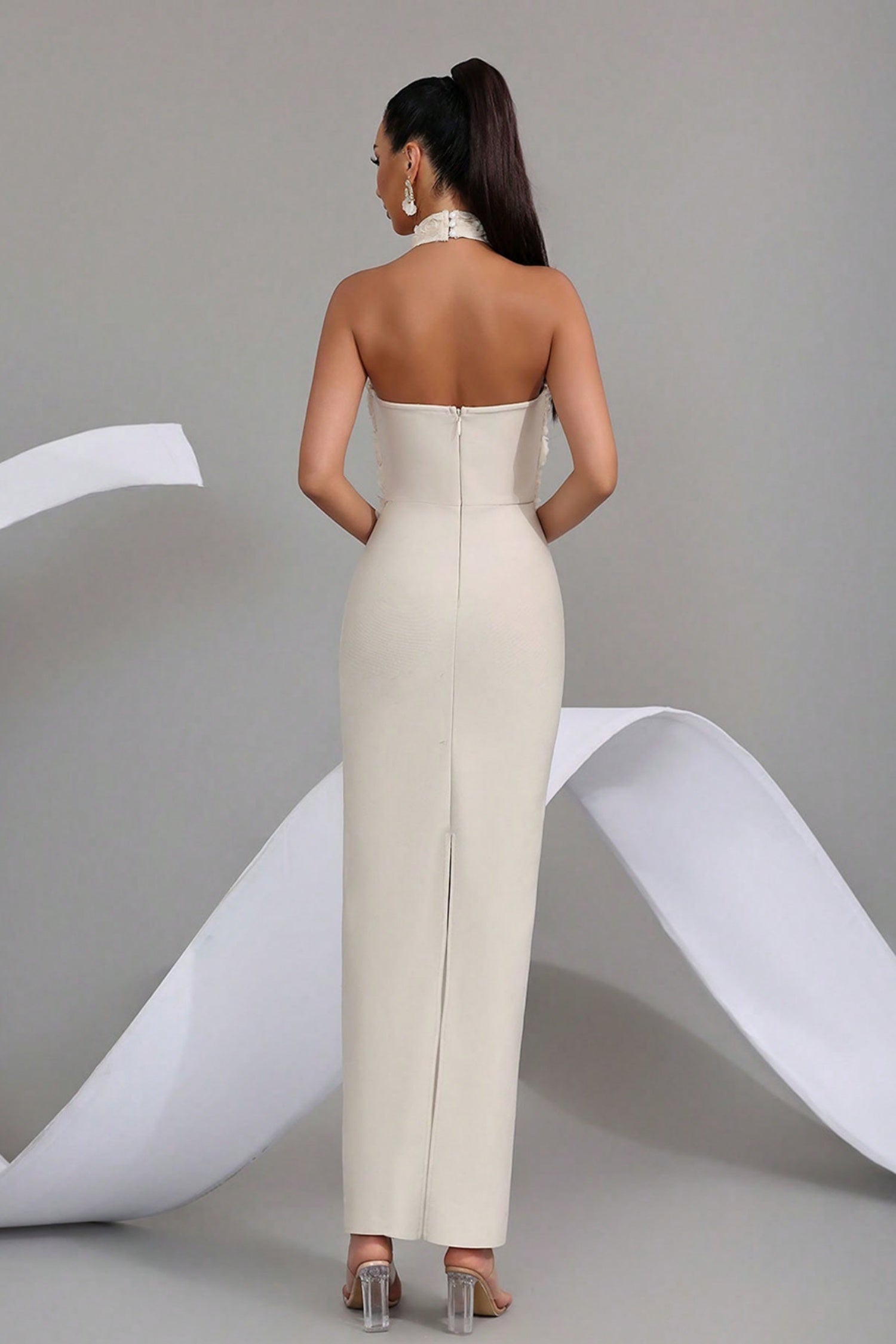 Reuben Apricot 3D Floral Bandage Evening Dress