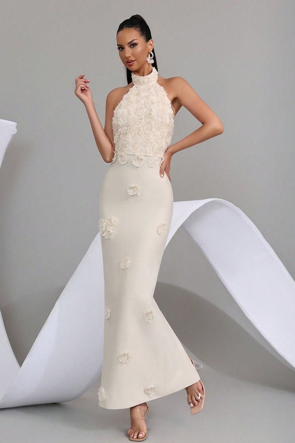 Reuben Apricot 3D Floral Bandage Evening Dress