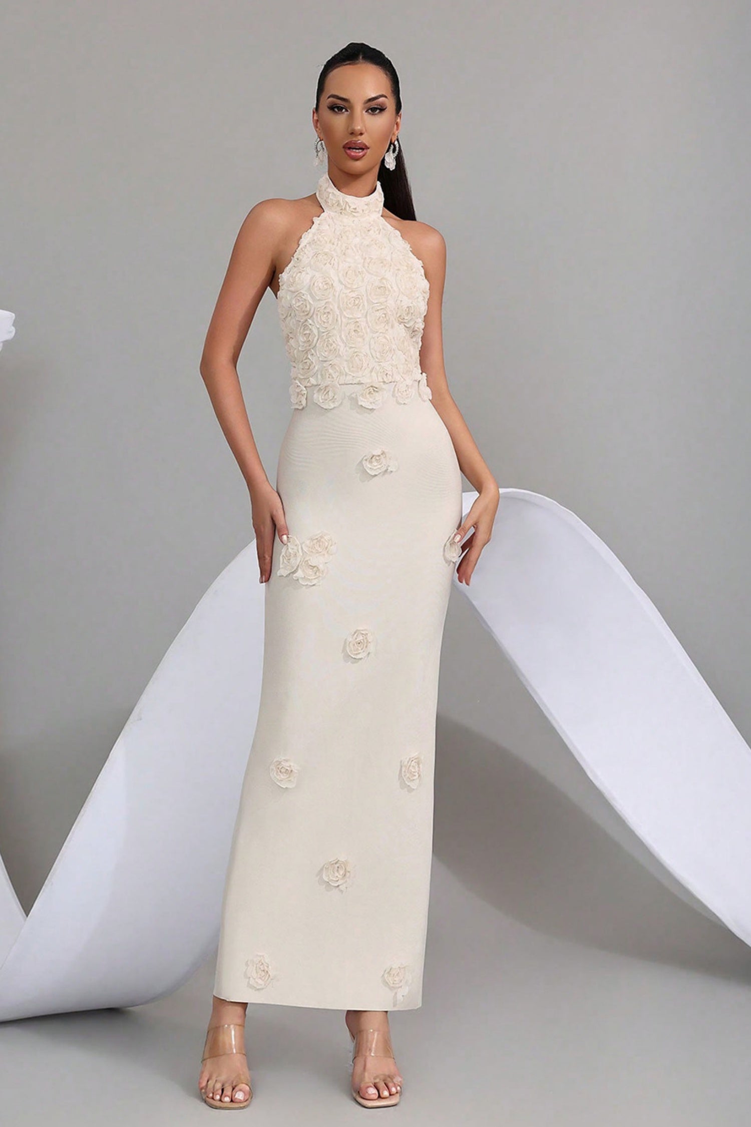 Reuben Apricot 3D Floral Bandage Evening Dress