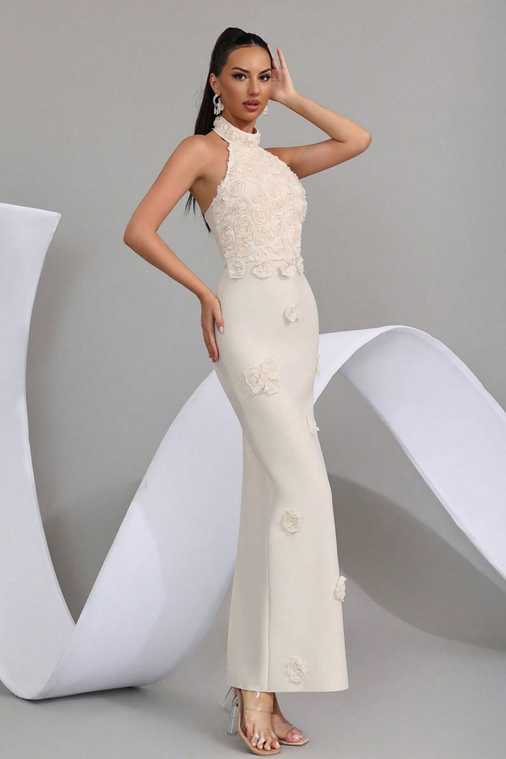 Reuben Apricot 3D Floral Bandage Evening Dress