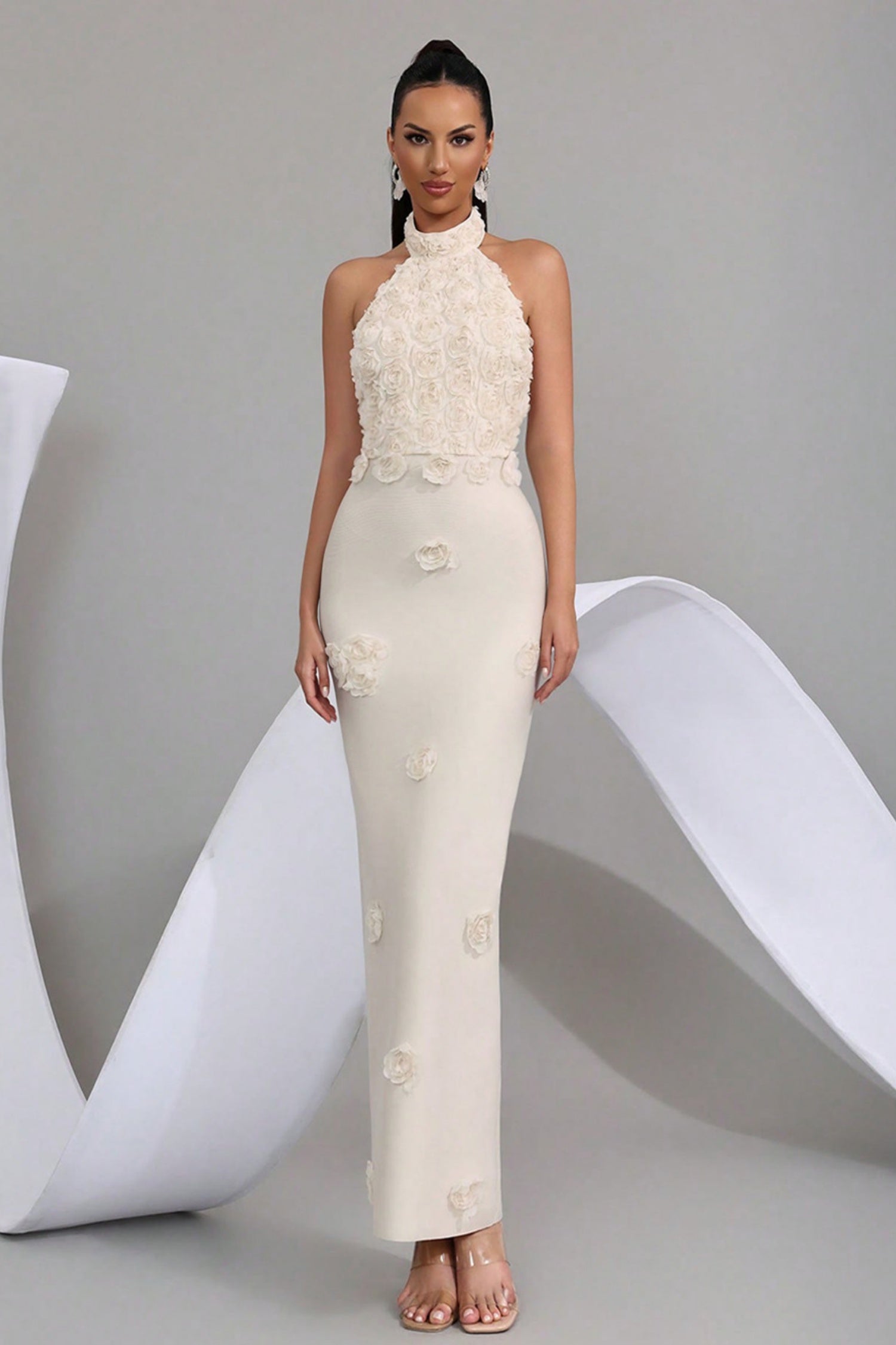 Reuben Apricot 3D Floral Bandage Evening Dress
