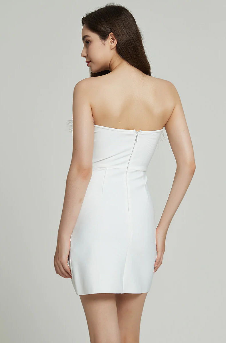 Finbar Rhinestone Feather Bodycon Dress in White - PDC