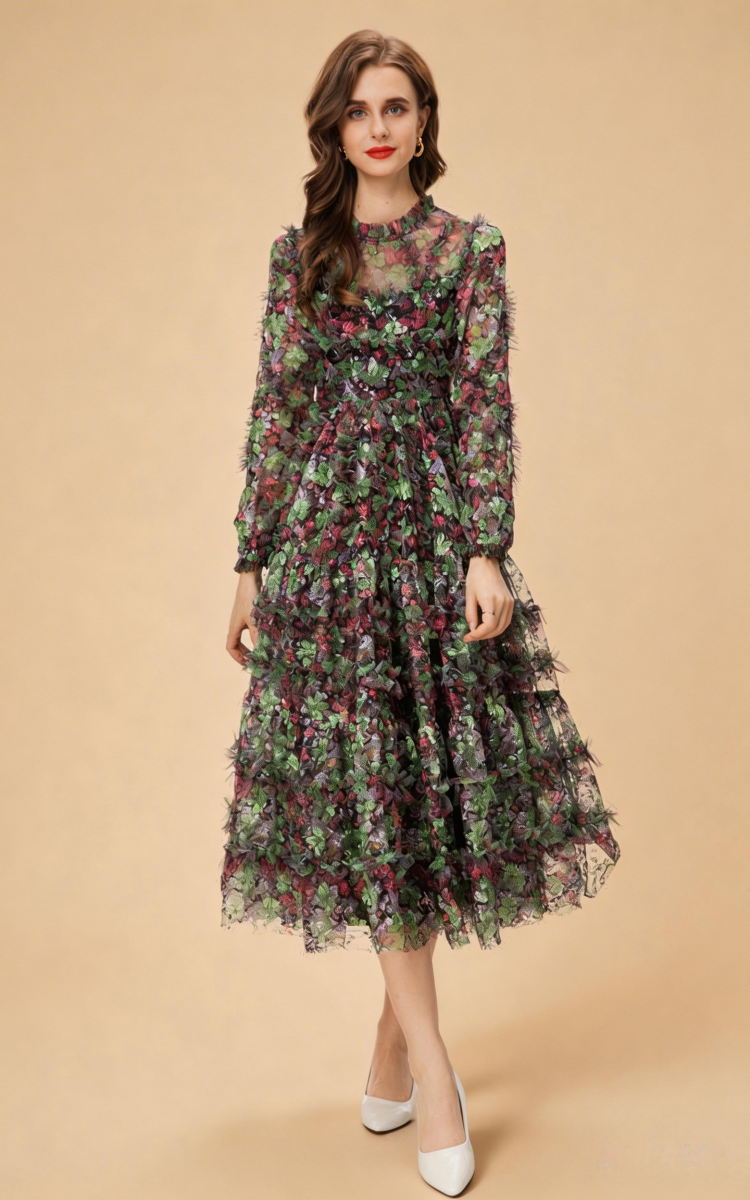 Riley Long Sleeve Floral Layered Tulle Maxi Dress