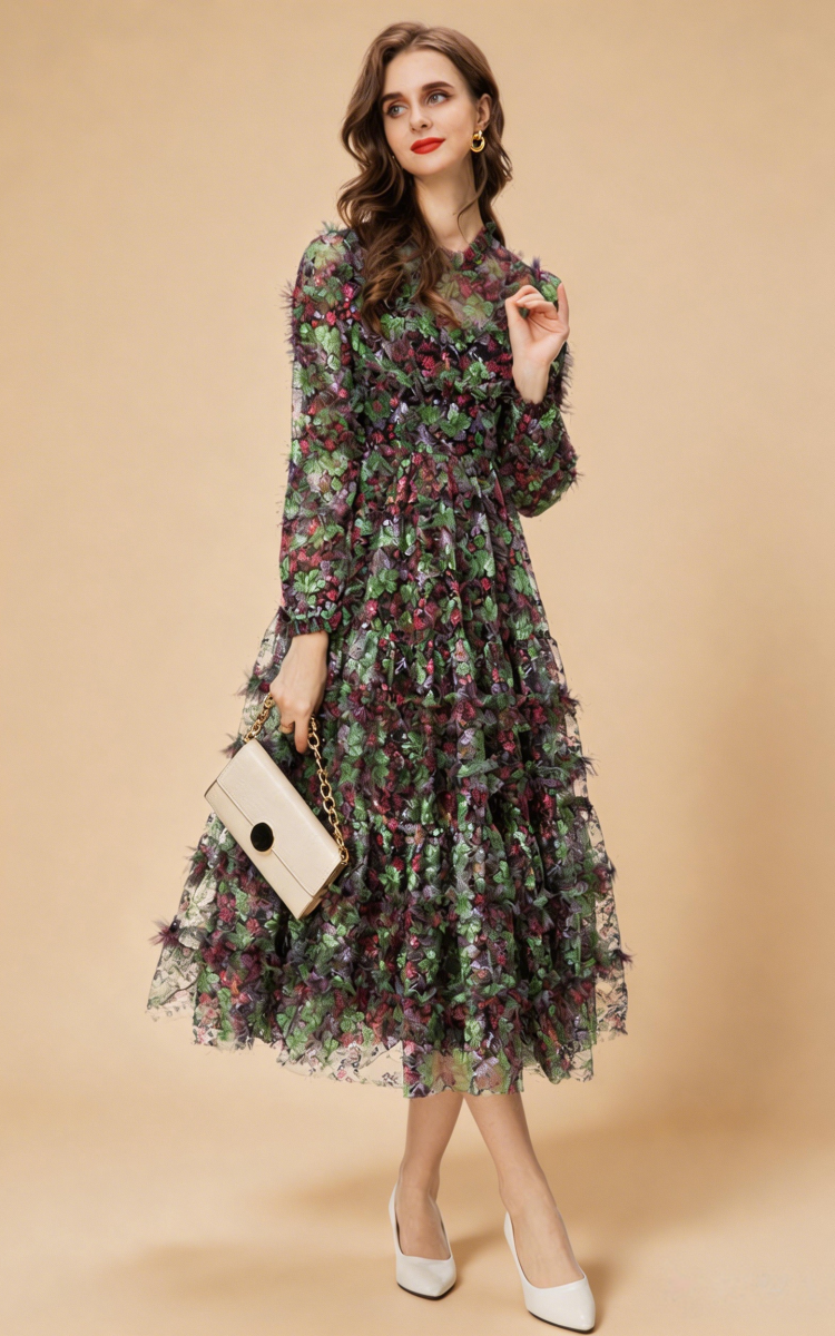 Riley Long Sleeve Floral Layered Tulle Maxi Dress