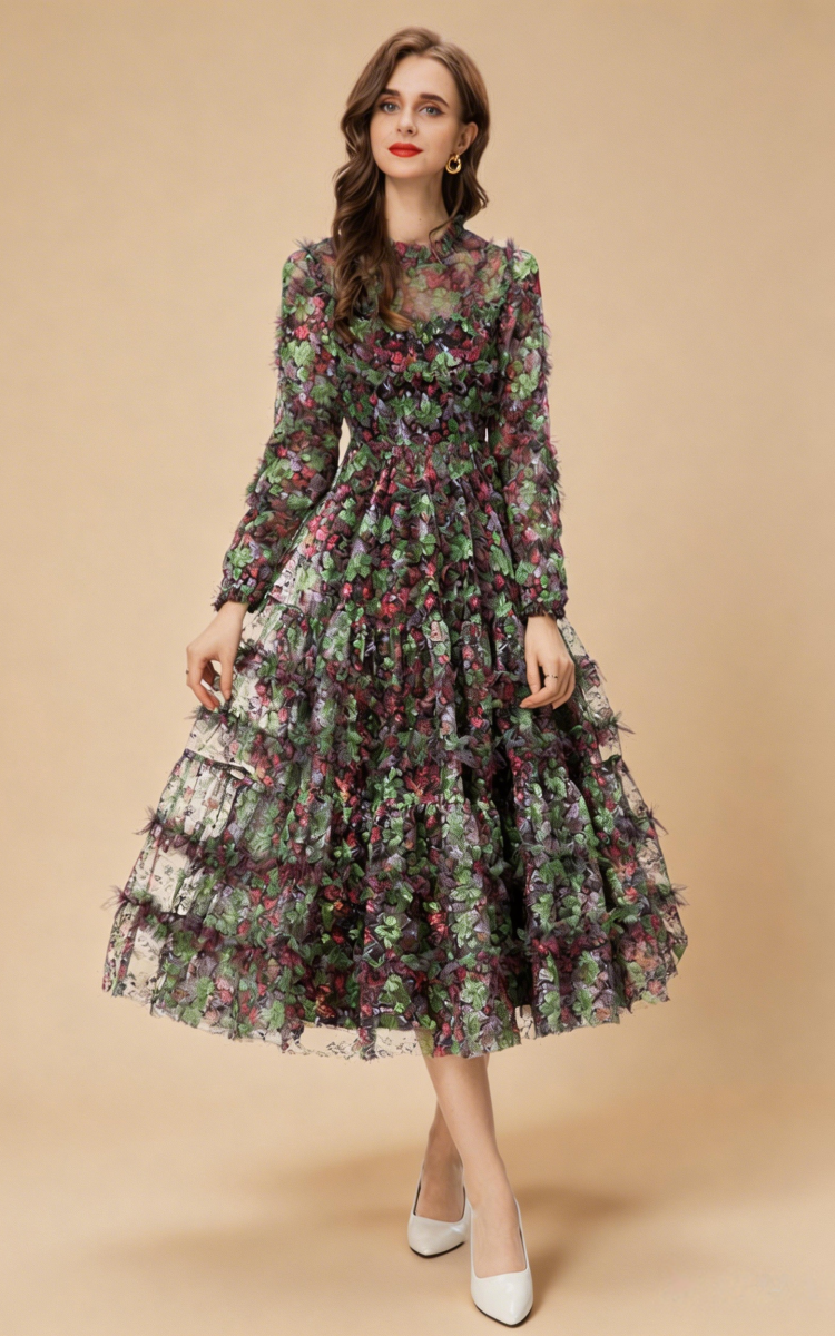 Riley Long Sleeve Floral Layered Tulle Maxi Dress