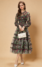Riley Long Sleeve Floral Layered Tulle Maxi Dress