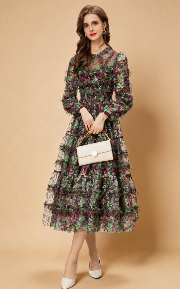 Riley Long Sleeve Floral Layered Tulle Maxi Dress