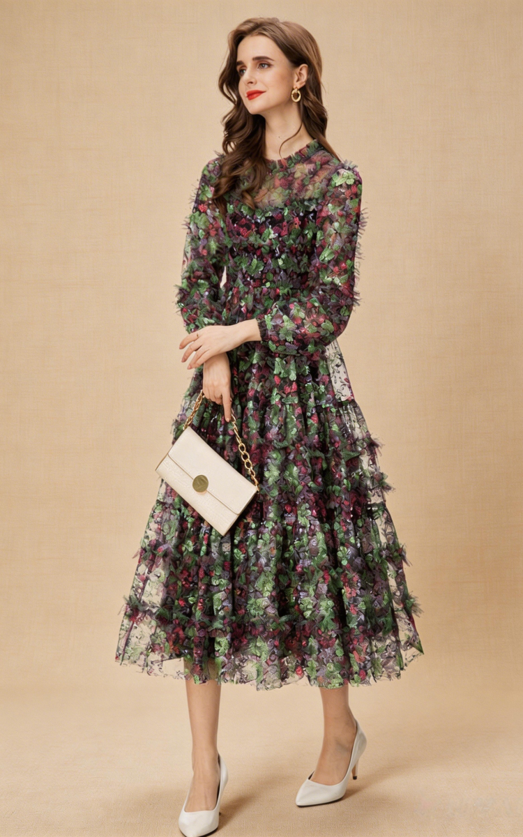 Riley Long Sleeve Floral Layered Tulle Maxi Dress