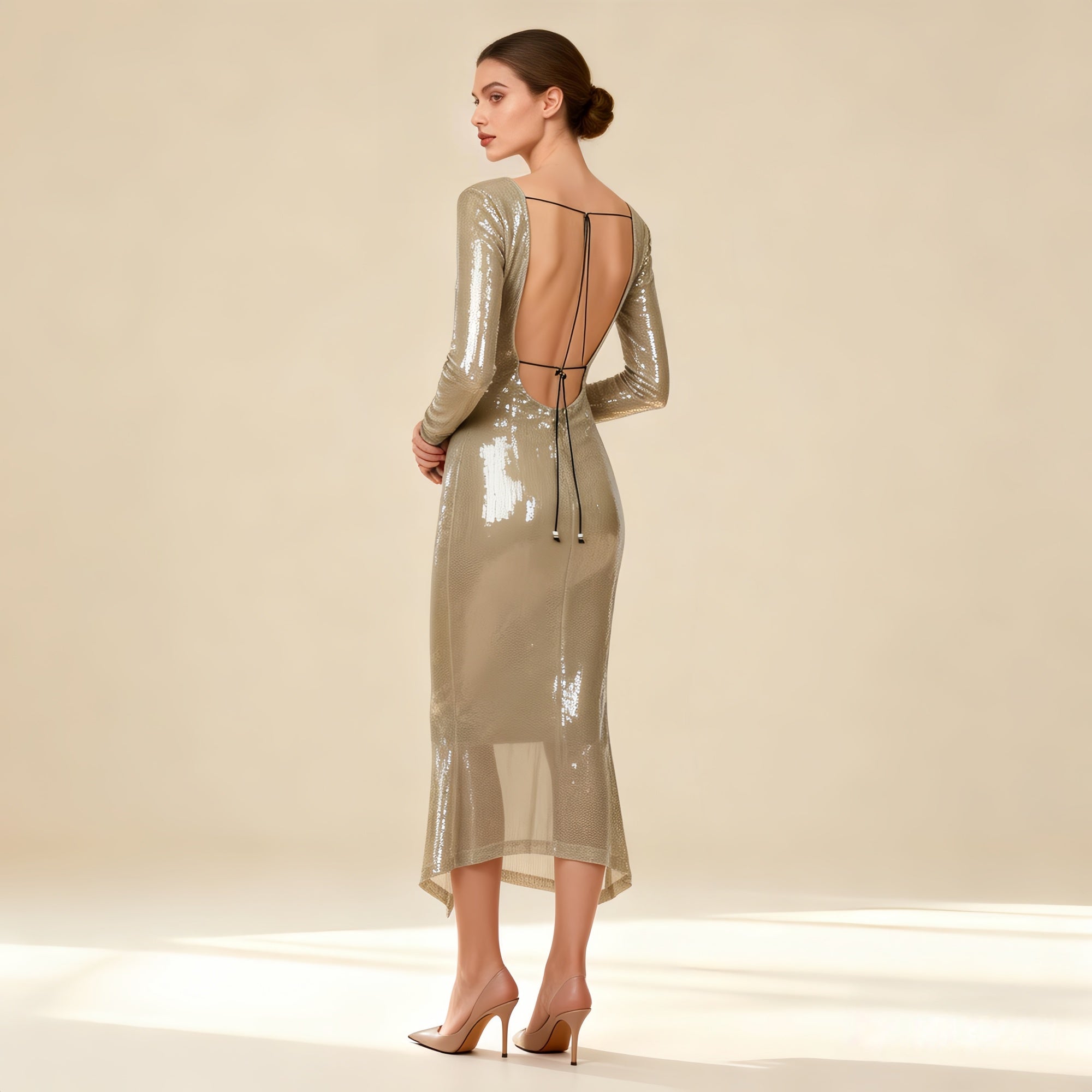 Rowan Apricot Mesh Sequin Long Sleeve Dress Secondary image