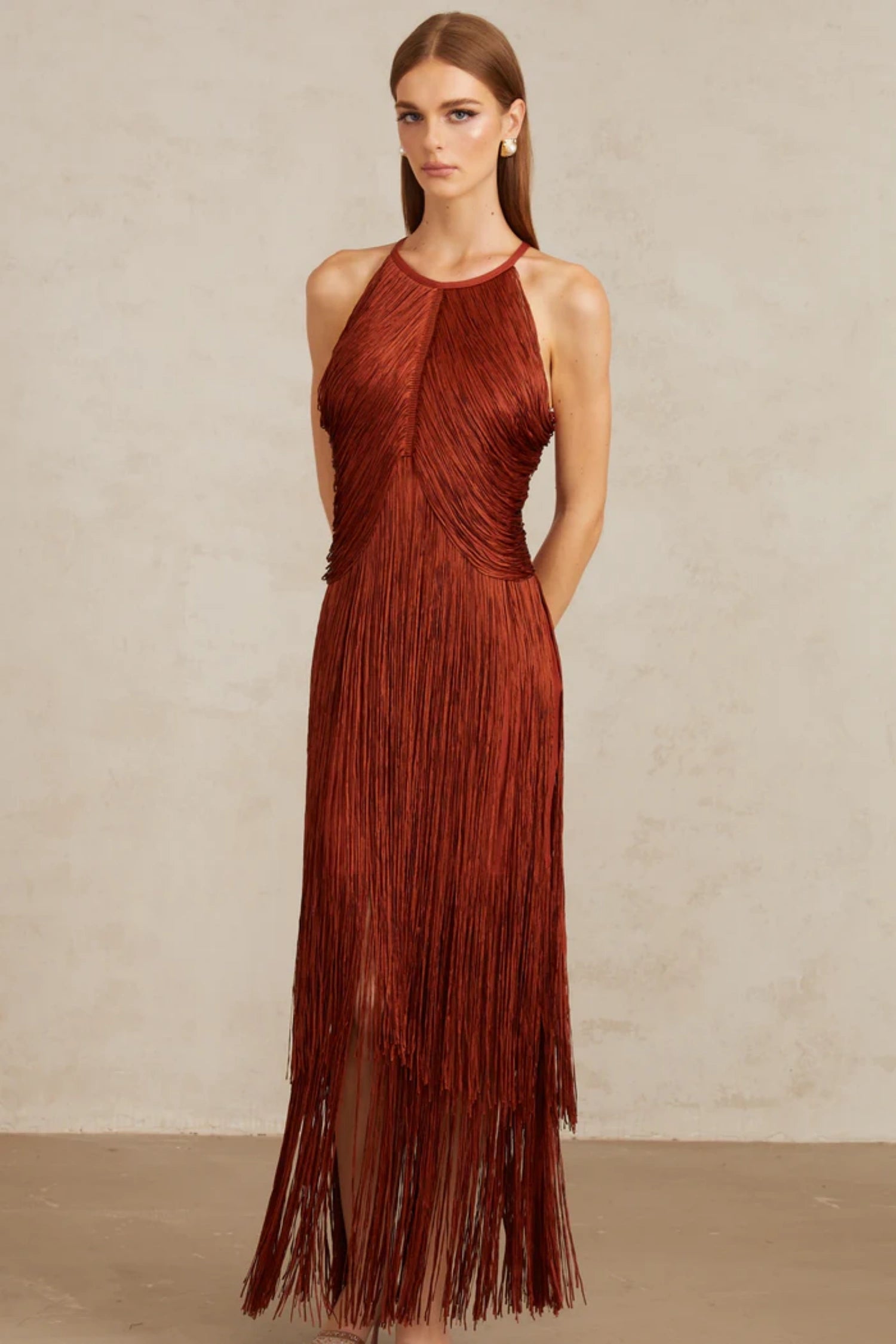 Ruby Russet Layered Fringe Bandage Maxi Dress Secondary image