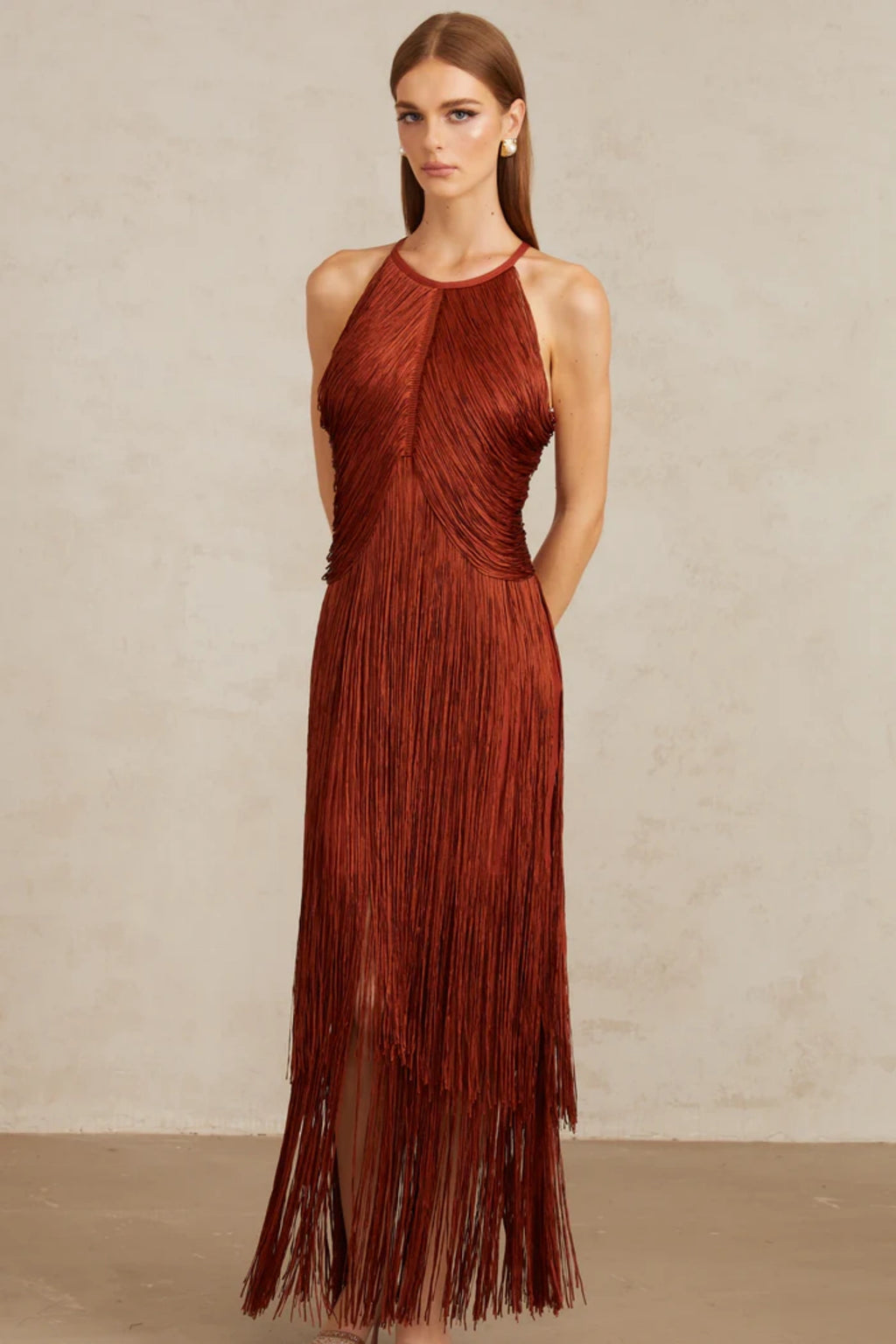 Ruby Russet Layered Fringe Bandage Maxi Dress