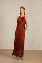 Ruby Russet Layered Fringe Bandage Maxi Dress
