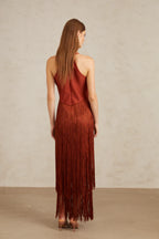 Ruby Russet Layered Fringe Bandage Maxi Dress