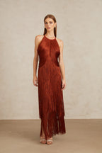 Ruby Russet Layered Fringe Bandage Maxi Dress