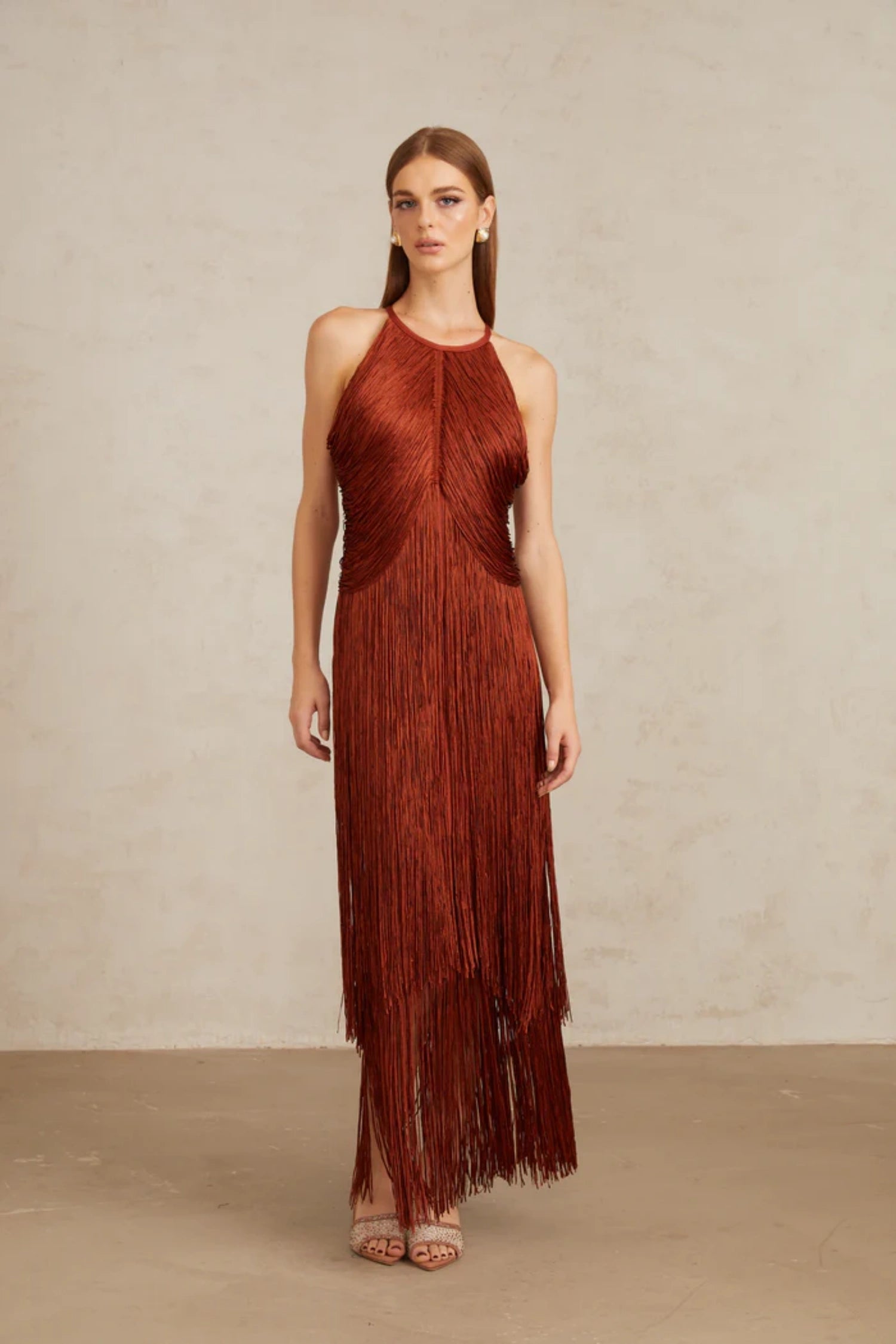 Ruby Russet Layered Fringe Bandage Maxi Dress