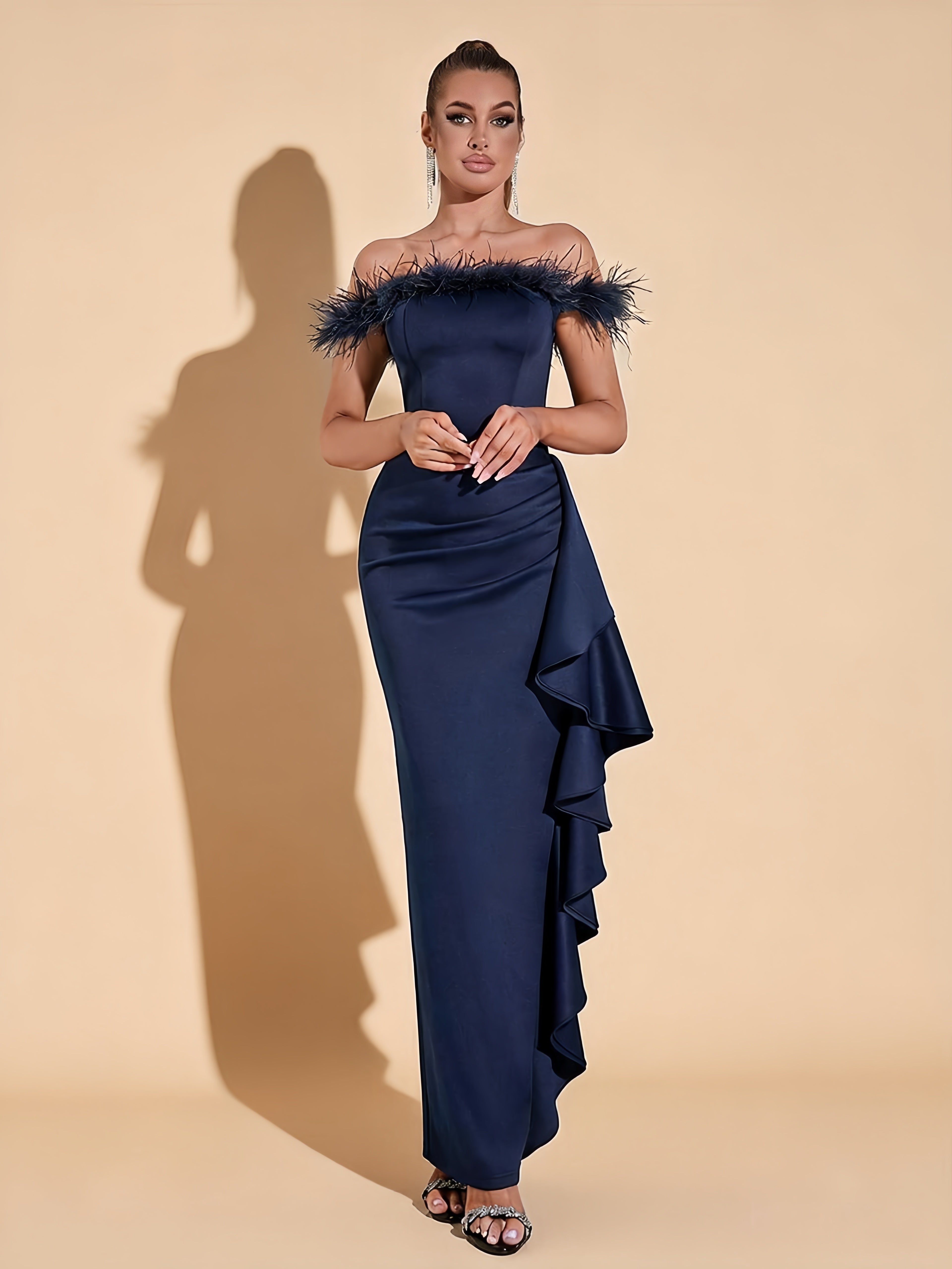 Ryder Navy Blue Off-Shoulder Feather Trim Ruffle Dress Main image