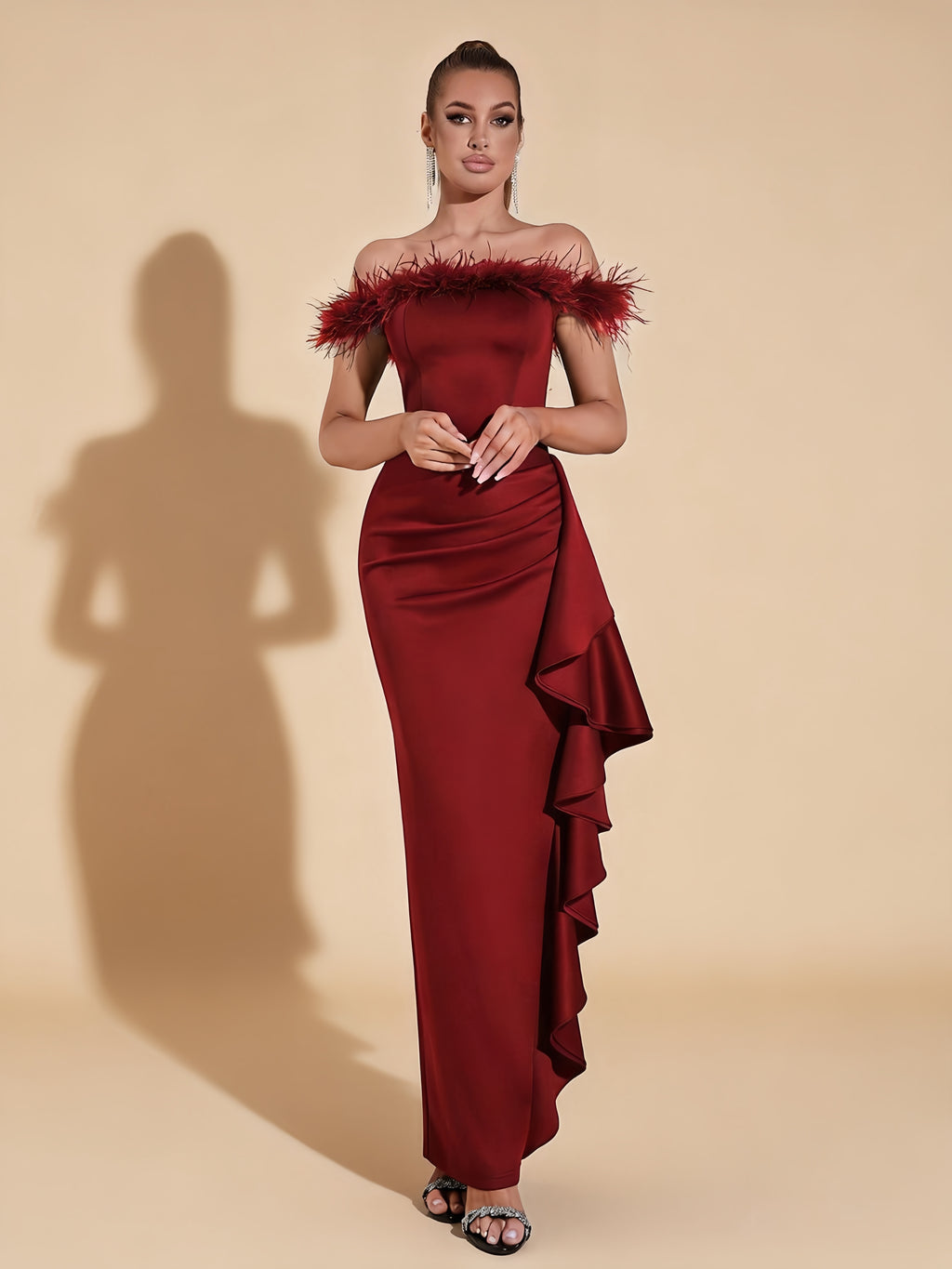 Ryder Red Off-Shoulder Feather Trim Ruffle Dress