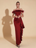 Ryder Red Off-Shoulder Feather Trim Ruffle Dress