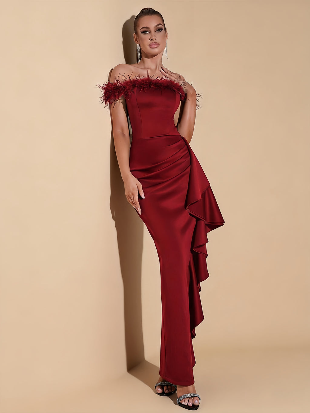 Ryder Red Off-Shoulder Feather Trim Ruffle Dress